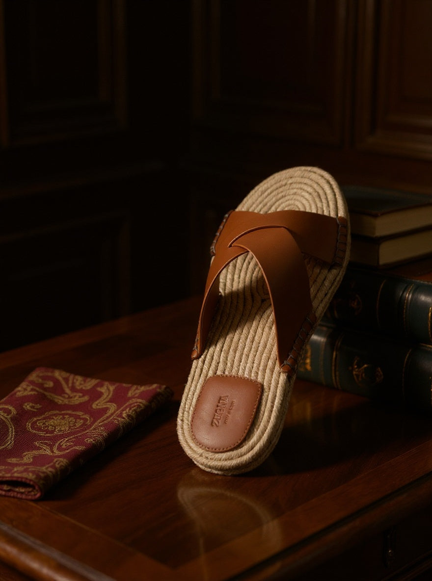Zegna Espadrille Suede — Tan/Cognac Cross-Strap